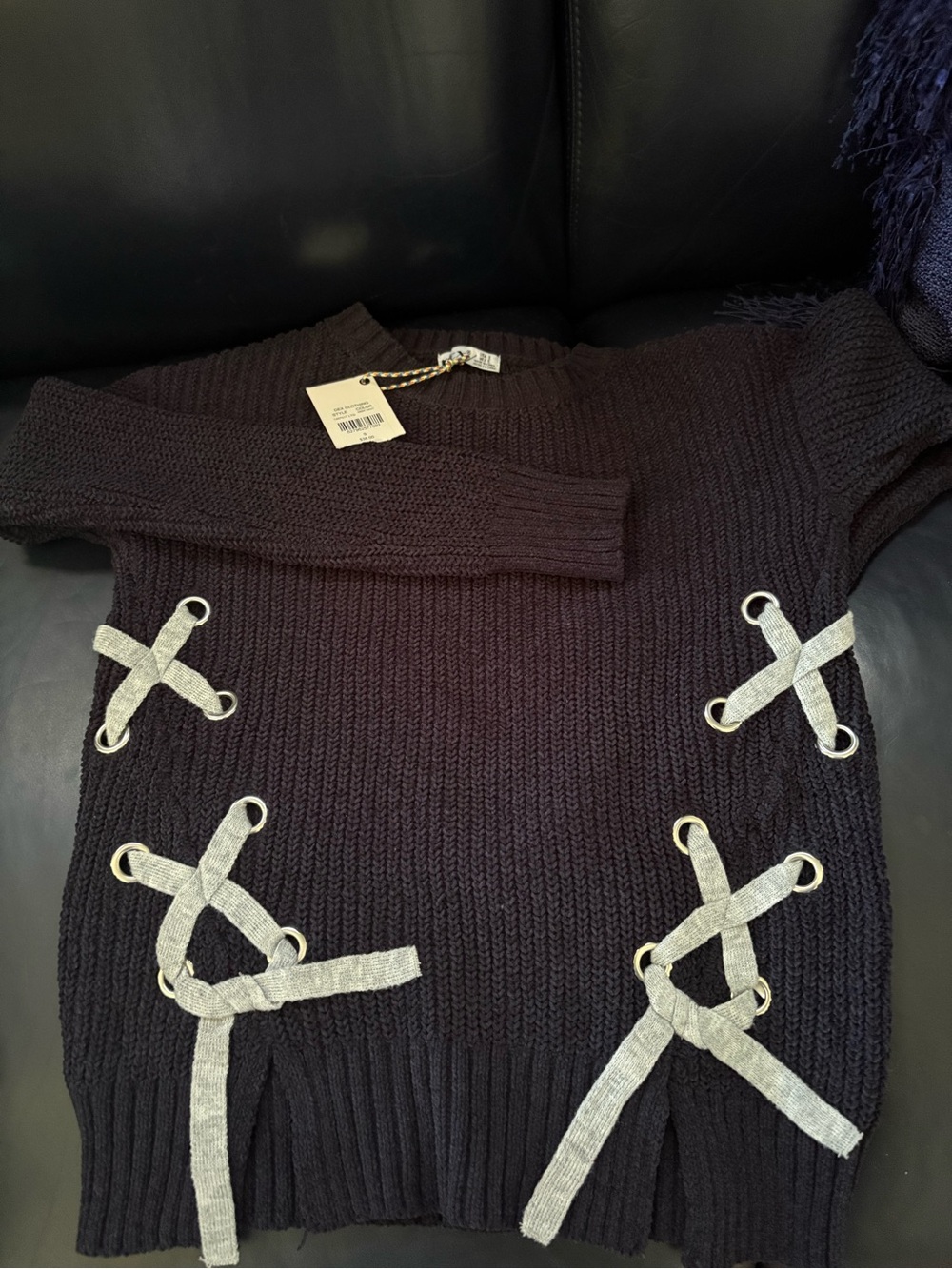 Girls Navy Blue Knit Sweater with Silver Lace-Up Rings